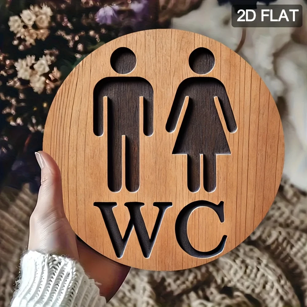 Modern Classic Flat Round 2D Wooden Disc Toilet Sign Home Farmhouse Bar Hotel Shopping Mall Bathroom Public Toilet Decor 20CM