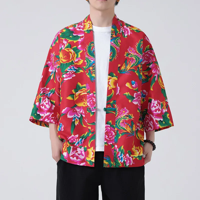 

Chinese Printed Kimono Shirts Men's Cardigan Fashion Harajuku Summer Streetwear Silk Casual Outer Clothes