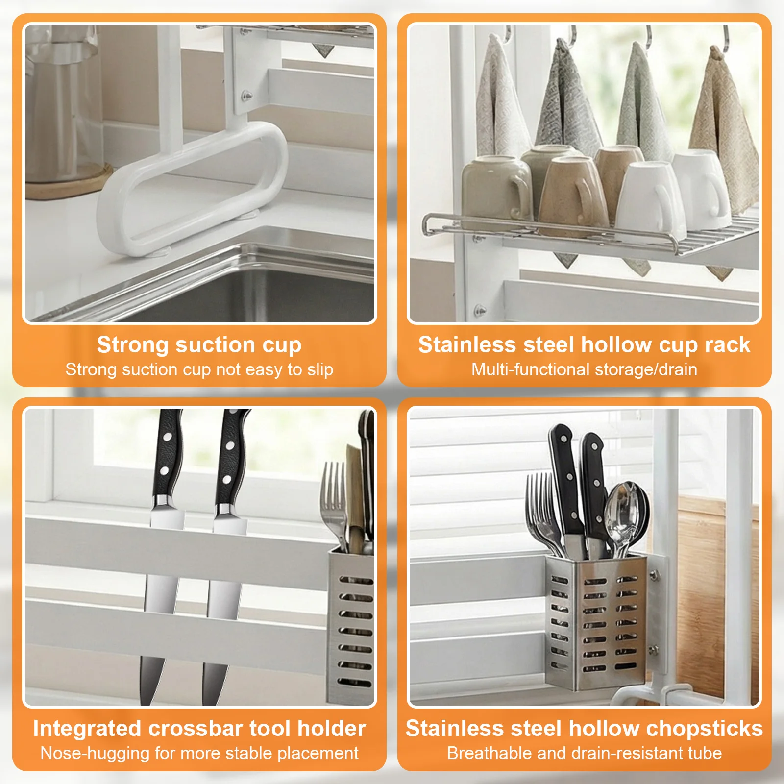 

Kitchen Counter Dishrack with Utensil Holder Over Sink Dish Drying Rack Thickened Sink Rack for Draining & Storing Dishes