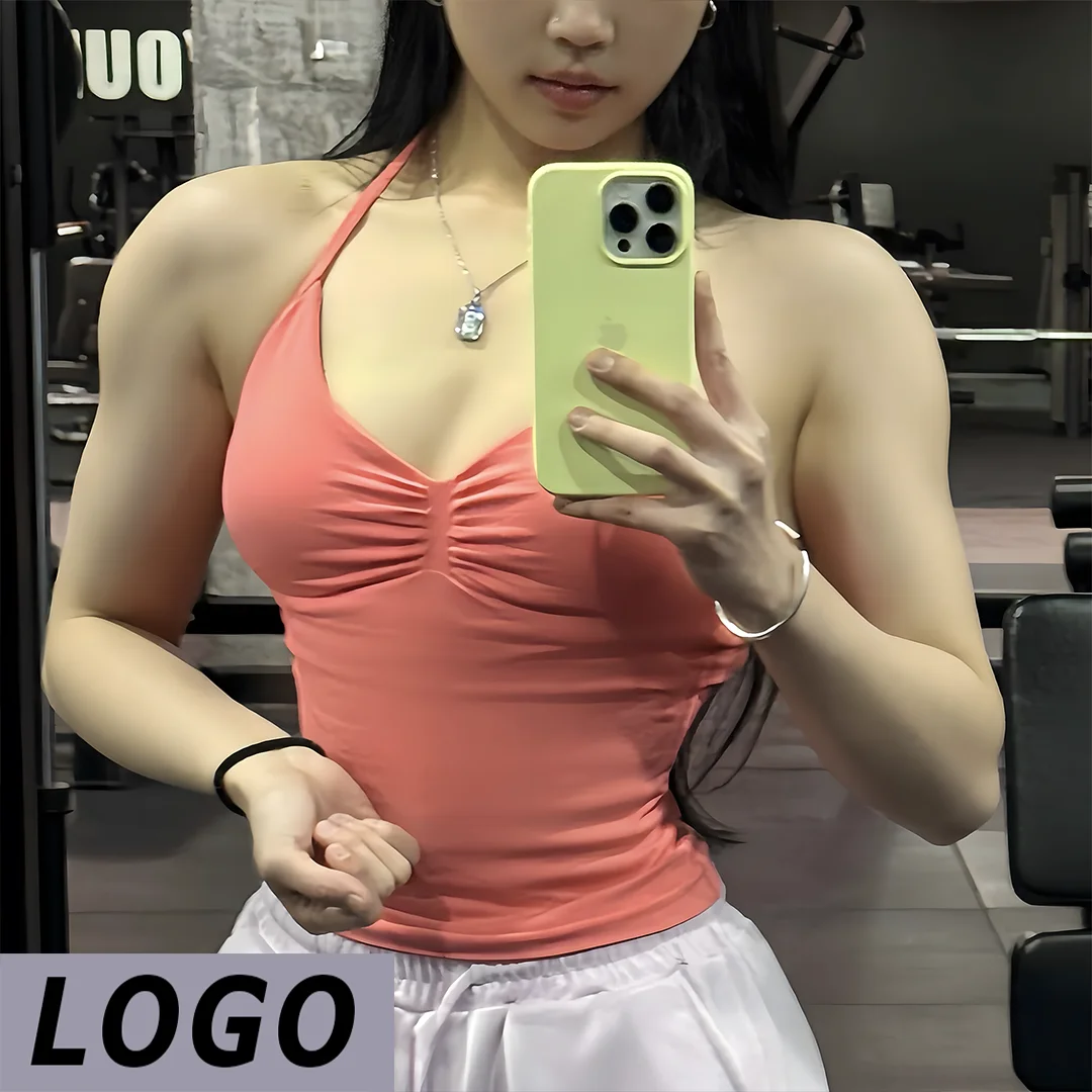 LOGO DF Women Seamless Longline Strappy Yoga Vest V Neck Sports Tank Top Removable Pads Soft Breathable For Gym Running Workout