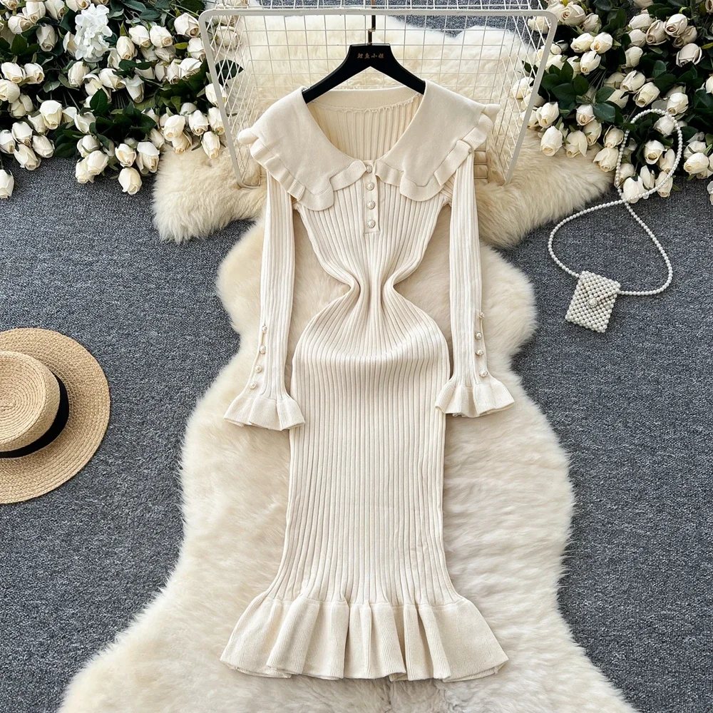 2024 Ruffled Patchwork Knit Maxi Dress For Women Elegant Ribbed Long Sleeve Party Dress Gown Slim Knitwear Fashion Long Dress