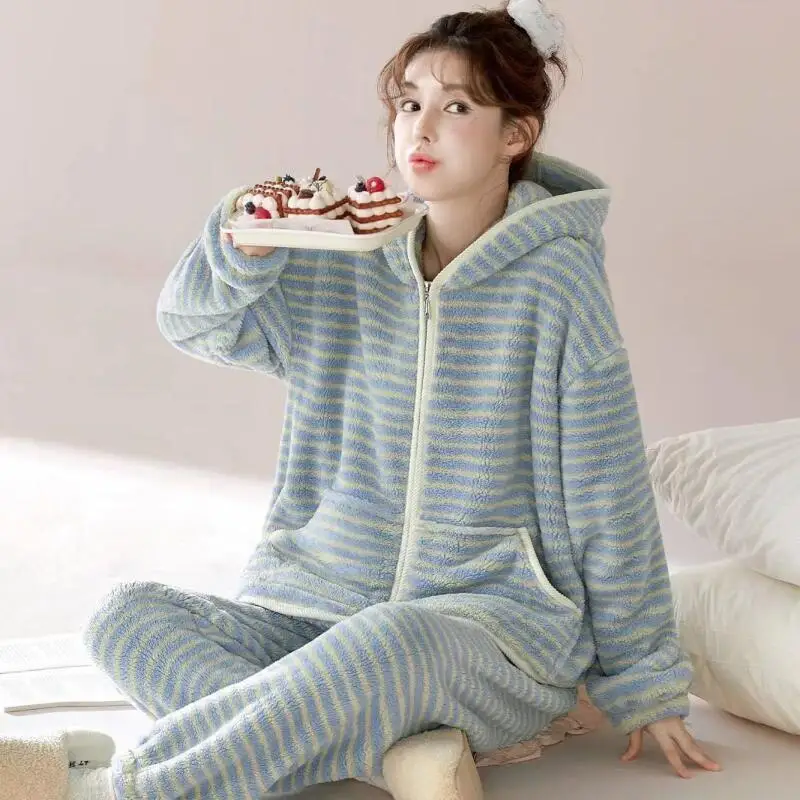 

Пижамы в полоску для девочек Kawaii, осенне-зимние коралловые флисовые минималистичные пижамы с капюшоном Ke Wai, теплая фланелевая домашняя одежда, новый стиль Dopamine