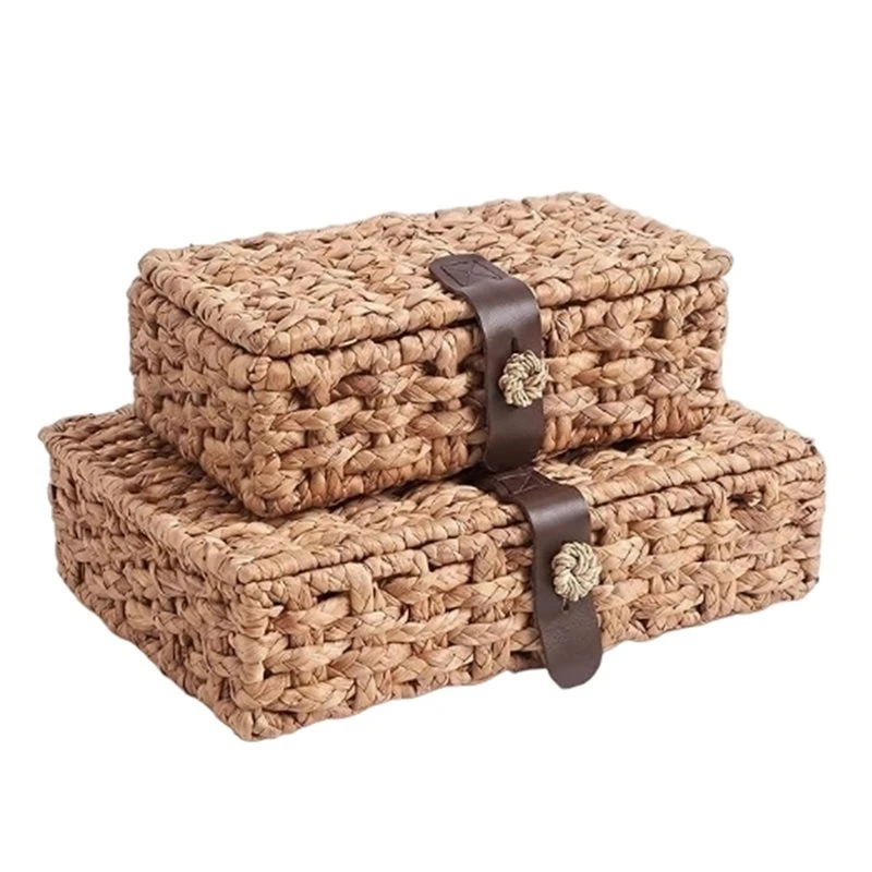 Fine Workmanship Wicker Storage Baskets With Lids 2-Piece Set Decorative Boxes With Lids, Water Hyacinth Woven For Shelf Display