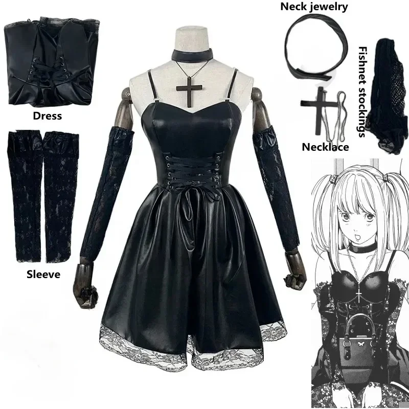 Vestido de Cosplay de Anime Japonés para Mujer, Estilo Gótico con Encaje, Imitación de Cuero, Vestido Sexy para Halloween, Inspirado en Misa Amane