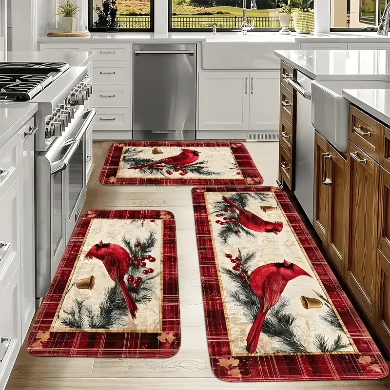 VIKAMA Red Plaid Christmas Cardinal Kitchen Mat Winter Bird Floor Rug Cozy Holiday Home Decor for Kitchen Cute Aesthetic Gift