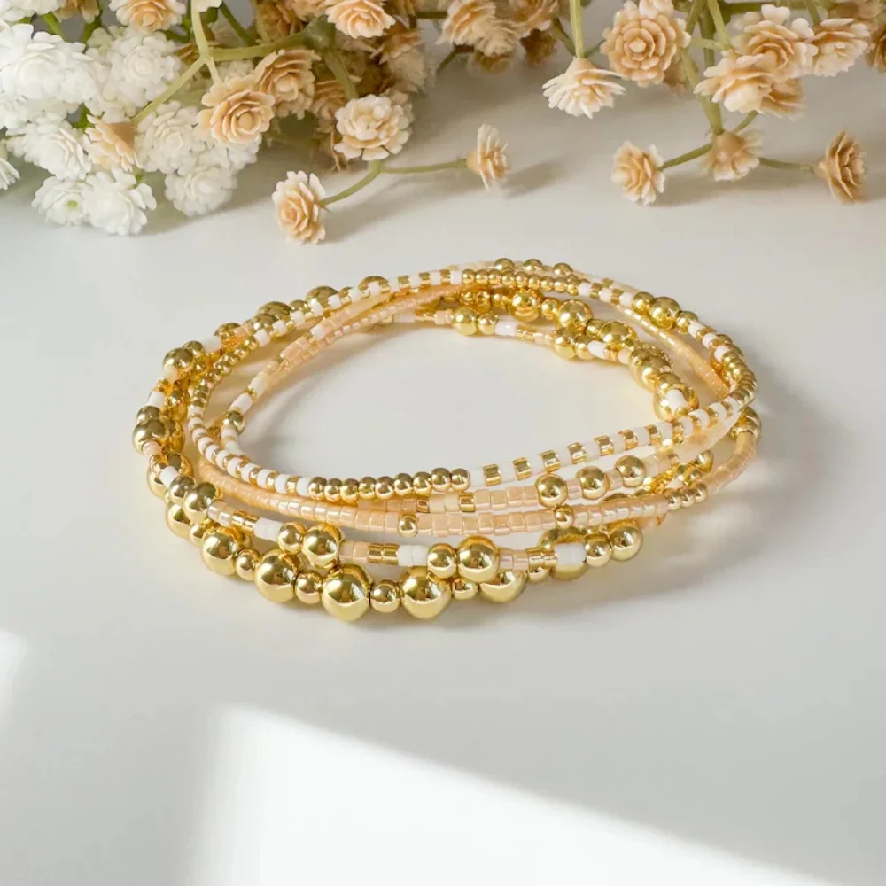 

5 Pcs Fashion Gold Plated Glass Beaded Bracelets Set, Elastic Layered Stack Bracelet for Women Girls, Trendy Bohemian Jewelry