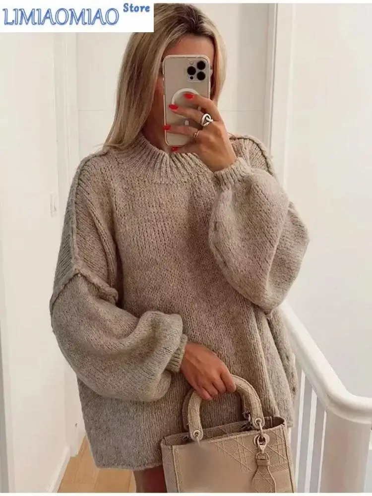 

Casual Women Sweaters Oversized Warm Knitted Pullover Solid O-Neck Long Lantern Sleeve Sweater Lady Autumn Commuting Knitwear