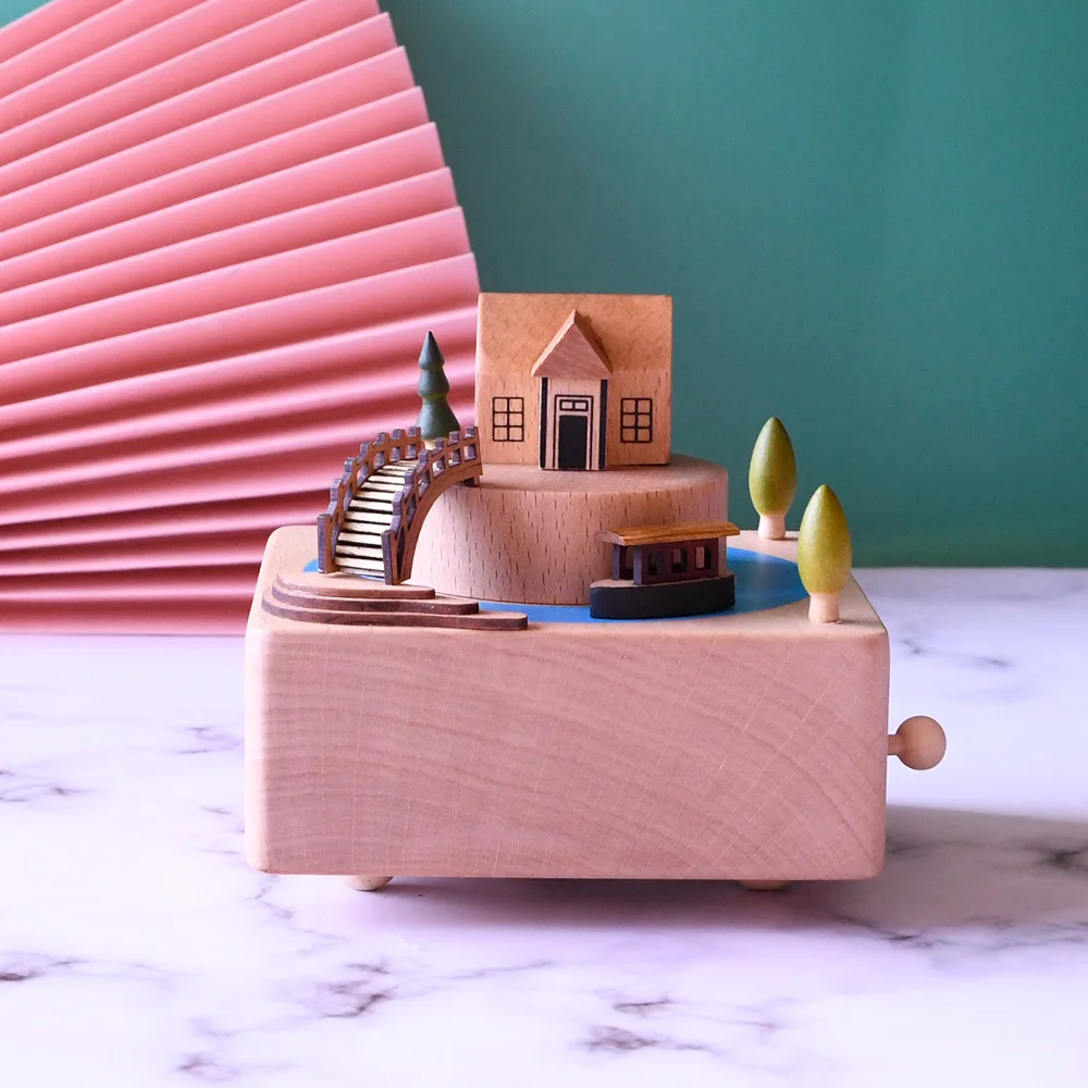 Wooden Wind-up Music Box, Retro Small Bridge Flowing Water Architectural Model Ornaments,revolving Music Box,healing Ornaments