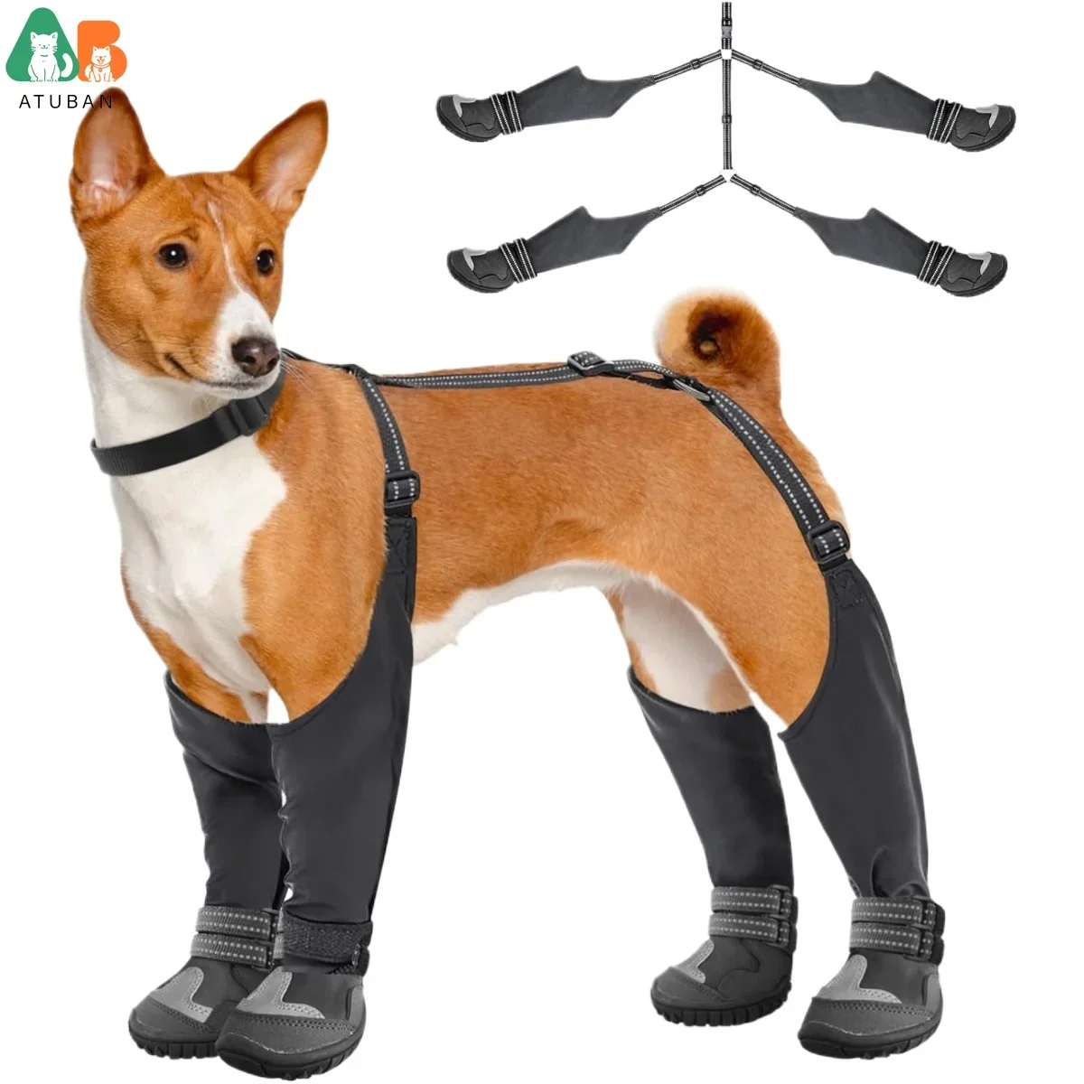 ATUBAN Dog Suspender Boots Tall Dog Boots Anti-Slip&Fall Waterproof Dog Shoes Leggings Winter Snow Rain Hiking Paws Protector