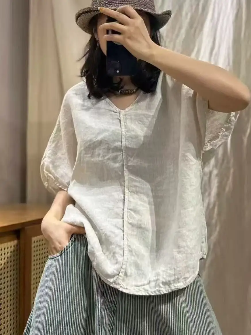 

Slimming Pure Color Retro V-Neck Loose Casual Women's Overhead Shirt Summer New Style Versatile Basic Short Sleeve Top
