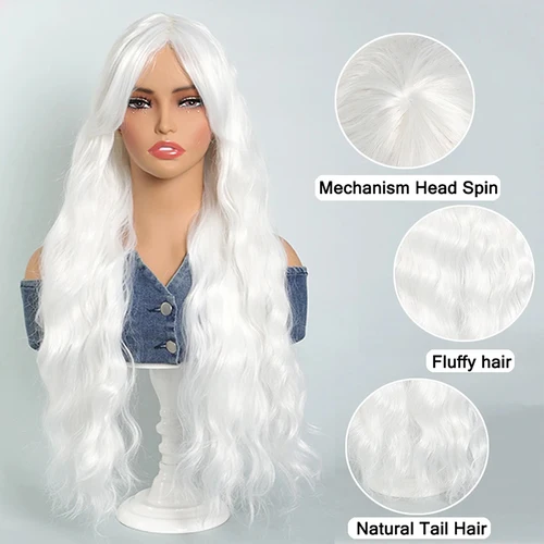 Imagen 2 del producto Peluca larga ondulada con flequillo, peluca sedosa blanca colorida para Cosplay para mujer, pelo sintético suave Natural para fiesta diaria, resistente al calor