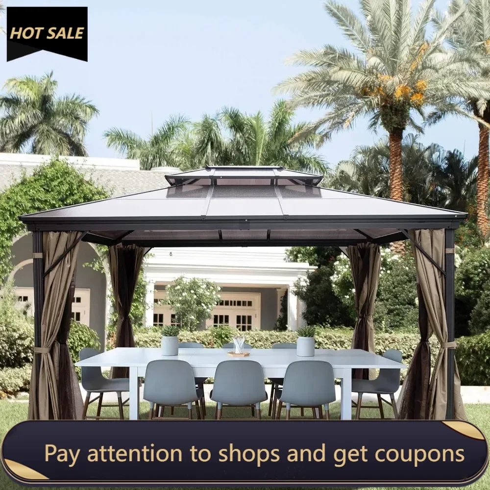 

Polycarbonate Hardtop Roof Gazebo 10' x 10' with Netting - Metal Gazebo Aluminum Permanent Double Tier Roof- Gazebos for Patios