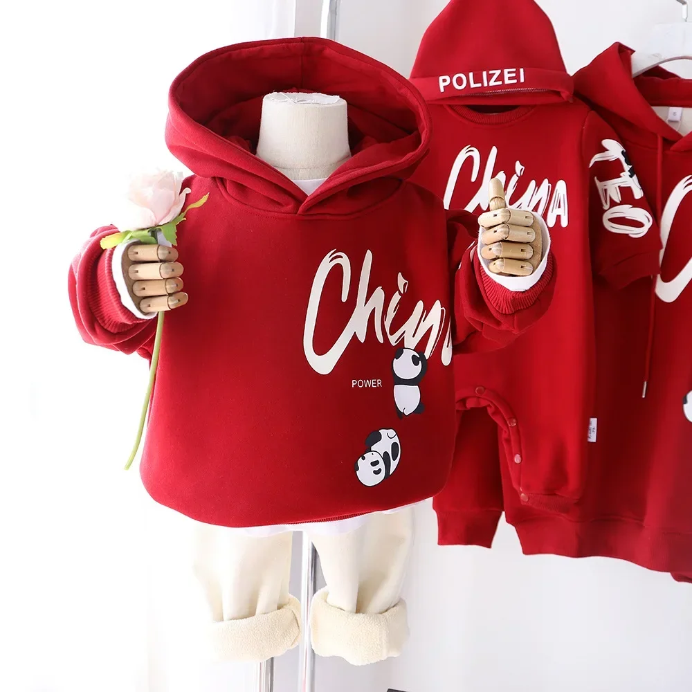 Family Hooded Sweatshirts Parents and Children Chinese Panda Warm Thick Tops Father Mother and Daughter Son Clothes Baby Romper