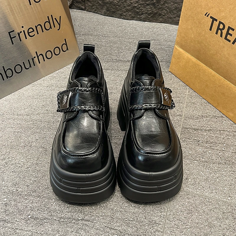

Women Platform Loafers Pumps 10CM High Heels NEW 2025 Retor Trend Winter Plush Leather Chunky Sneakers Outdoor Walking Shoes