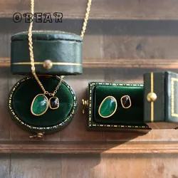 316L Stainless Steel Black Green Natural Chalcedony Irregular Necklace Earring For Women Non-fading Jewelry Gift Party