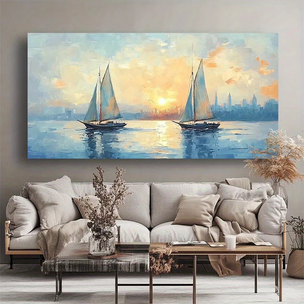 Oil Painting Of boats And Sea On Canvas Sunset Over Ocean Modern Impressionism,Print Poster Wall Art Picture Room Decor Unframed