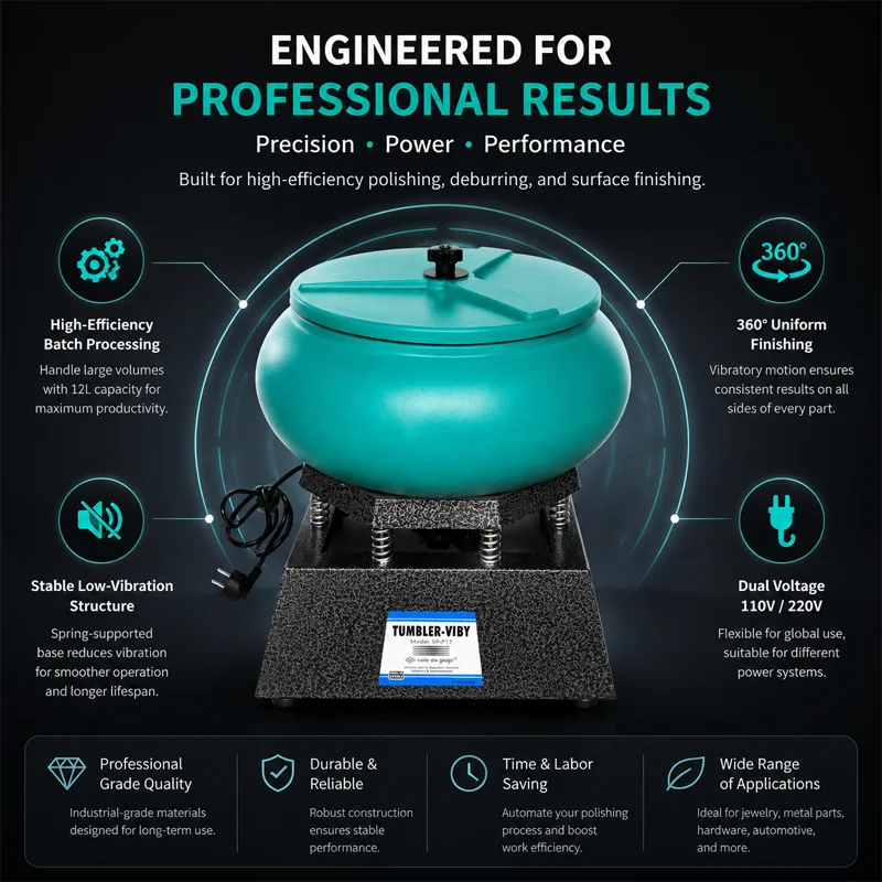PHYHOO 12L Vibratory Tumbler Industrial Polishing Machine Jewelry Deburring Metal Parts Surface Finishing Bowl Polisher 250W Kit
