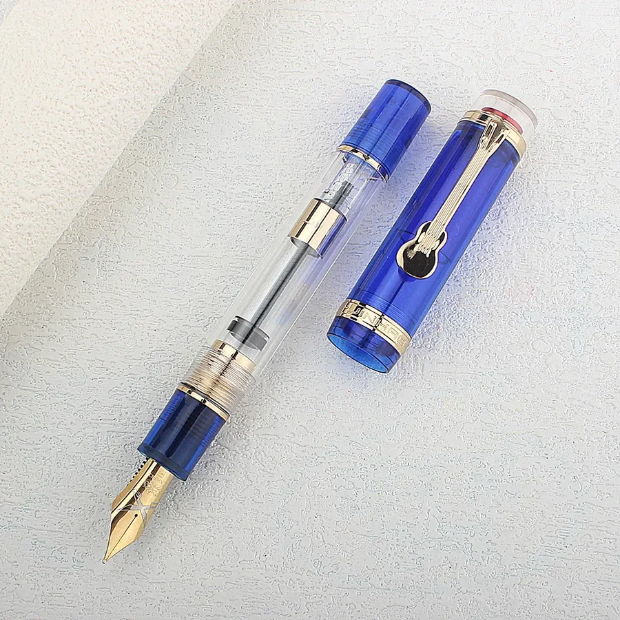 

Jinhao 1935 Tiandao Series Fountain Pen #8 F/M Nib with Guitar Clip, Transparent and Blue Resin Writing Pen & Large Converter