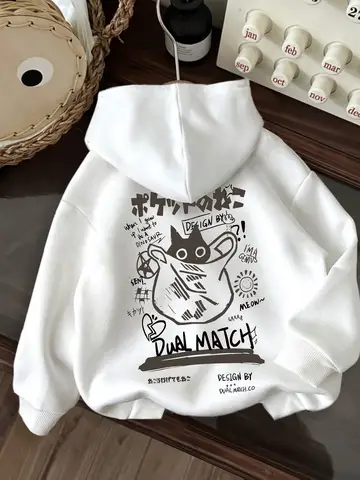 Hip Hop Kedi Baskılı Kapüşonlu Üstler Japon Stili Kedi Sonbahar Kış Y2k Sokak Giyimi Günlük Kapüşonlu Üstler Sweatshirtler 90'lar Kapüşonlu Sweatshirt