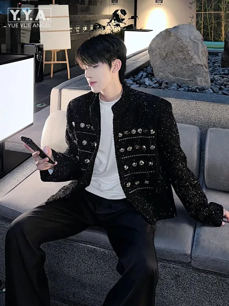 

New Fashion Autumn Winter Designer Mens Black Long Sleeves Glitter Jacket Loose Outwear Coat Office Male O Neck Casual Jackets