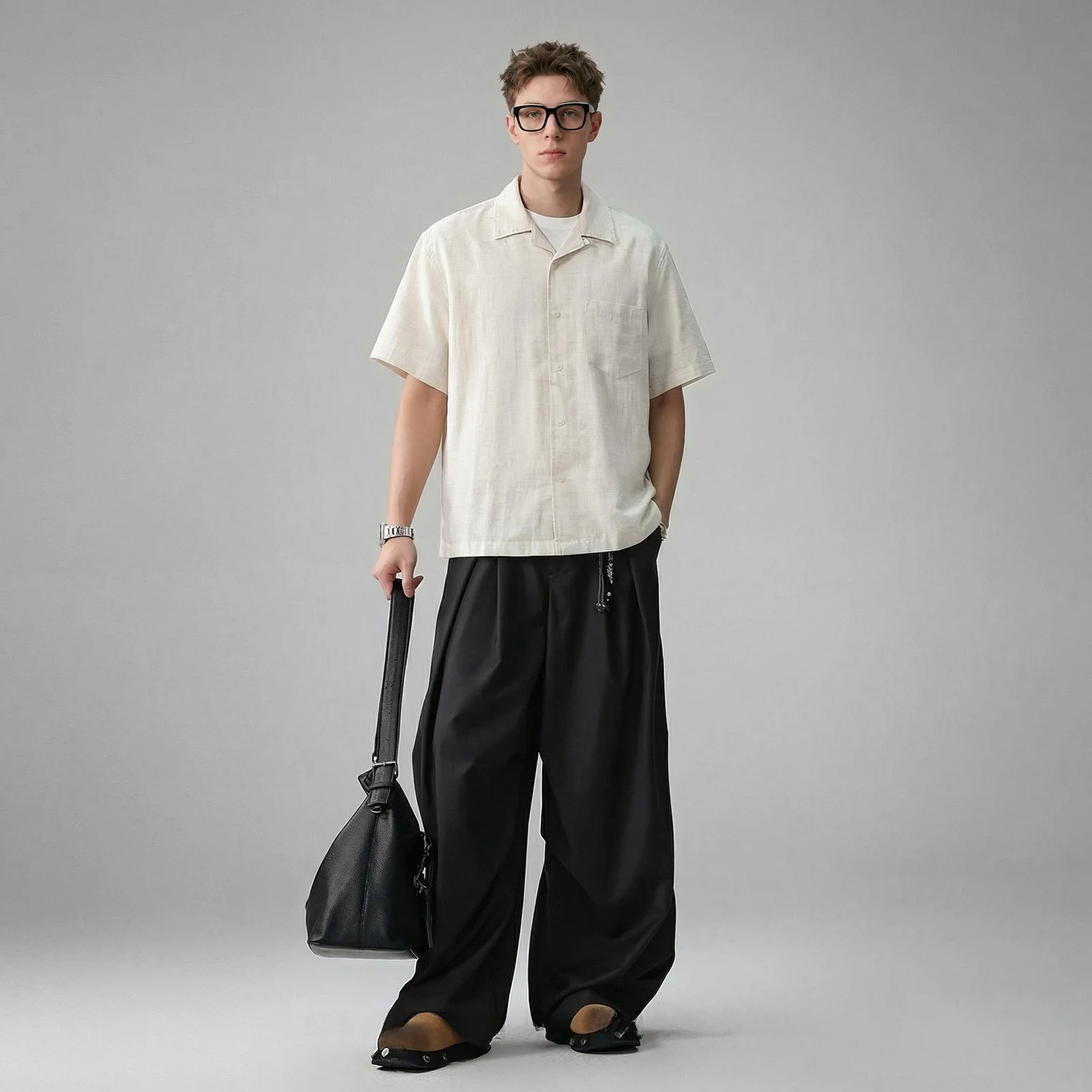 Casual Cuban Collar Short Sleeve Linen Blend Shirt Men's Summer Breathable Ice Silk Mixed Fashionable Casual Shirt