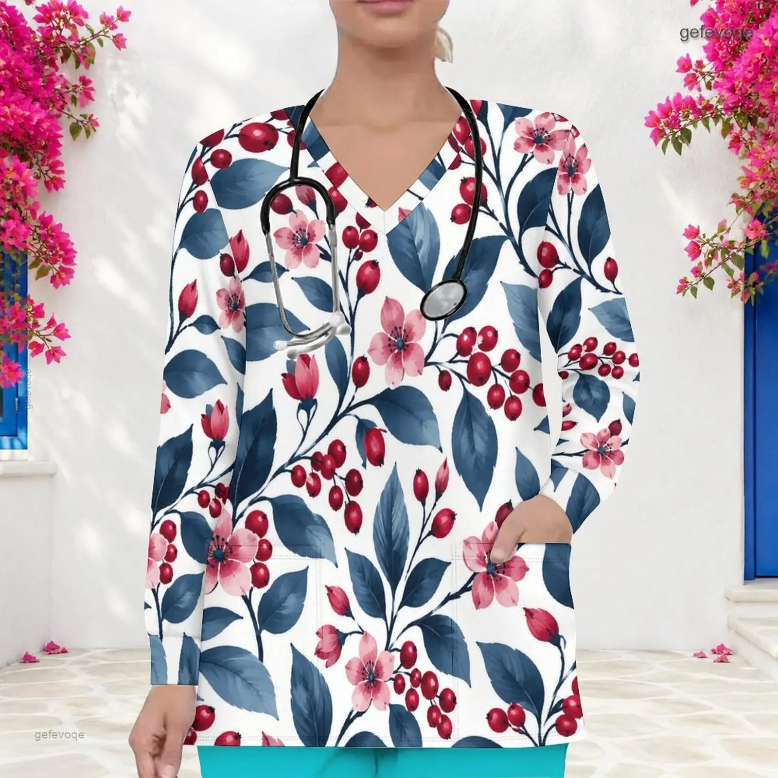 Women V Neck Long Sleeve Printed Floral Red Berry Blue Leaf Scrub Top with Front Pockets