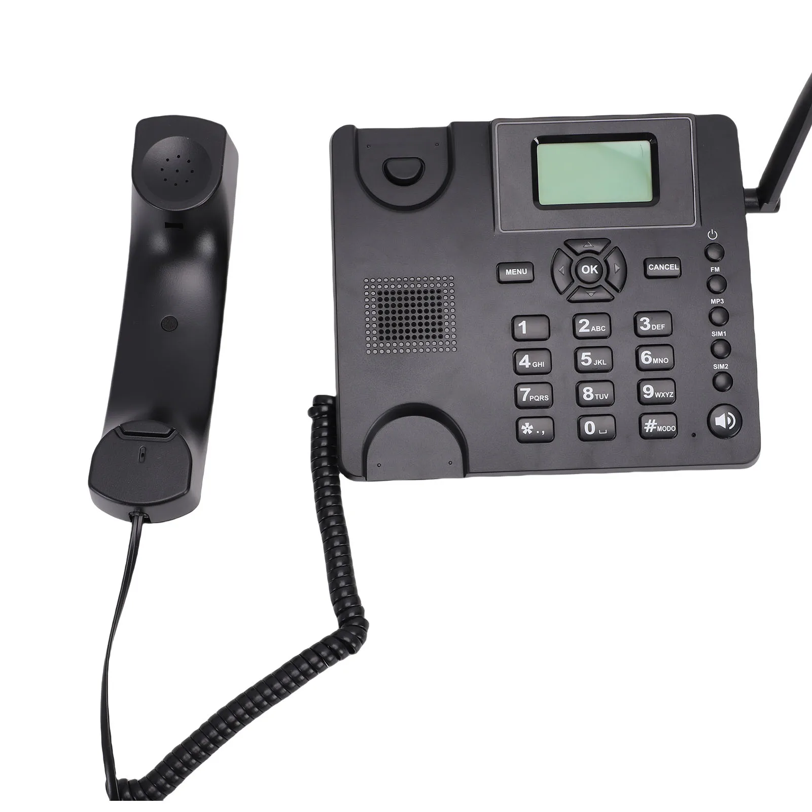 Wireless desk phone, wireless GSM phone, dual-SIM 2G cordless landline phone with antenna, radio, and alarm clock functions