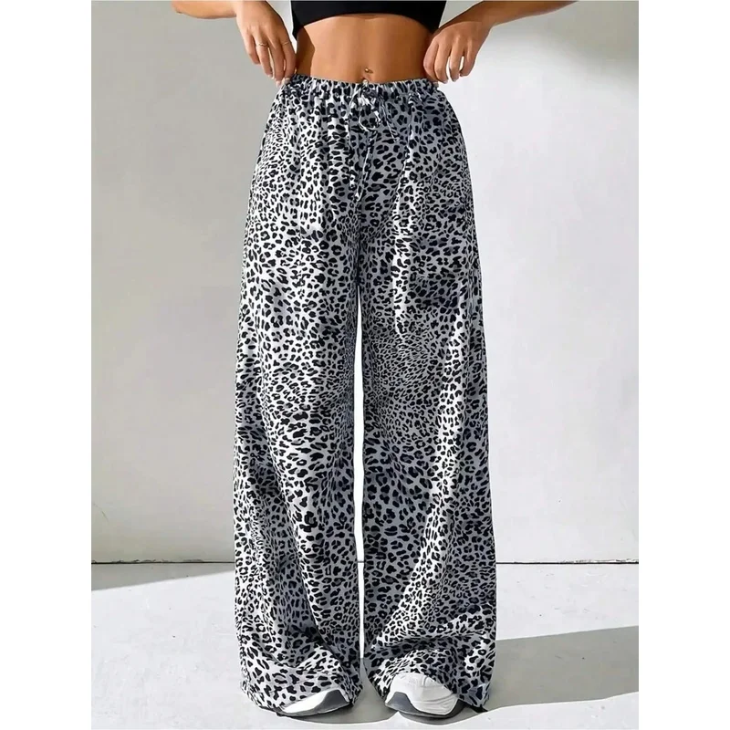 Summer Casual Spicy Girl Style Leopard Print Color Block Wide Leg Pants Elastic Waist Long Trousers Elegant Fashion
