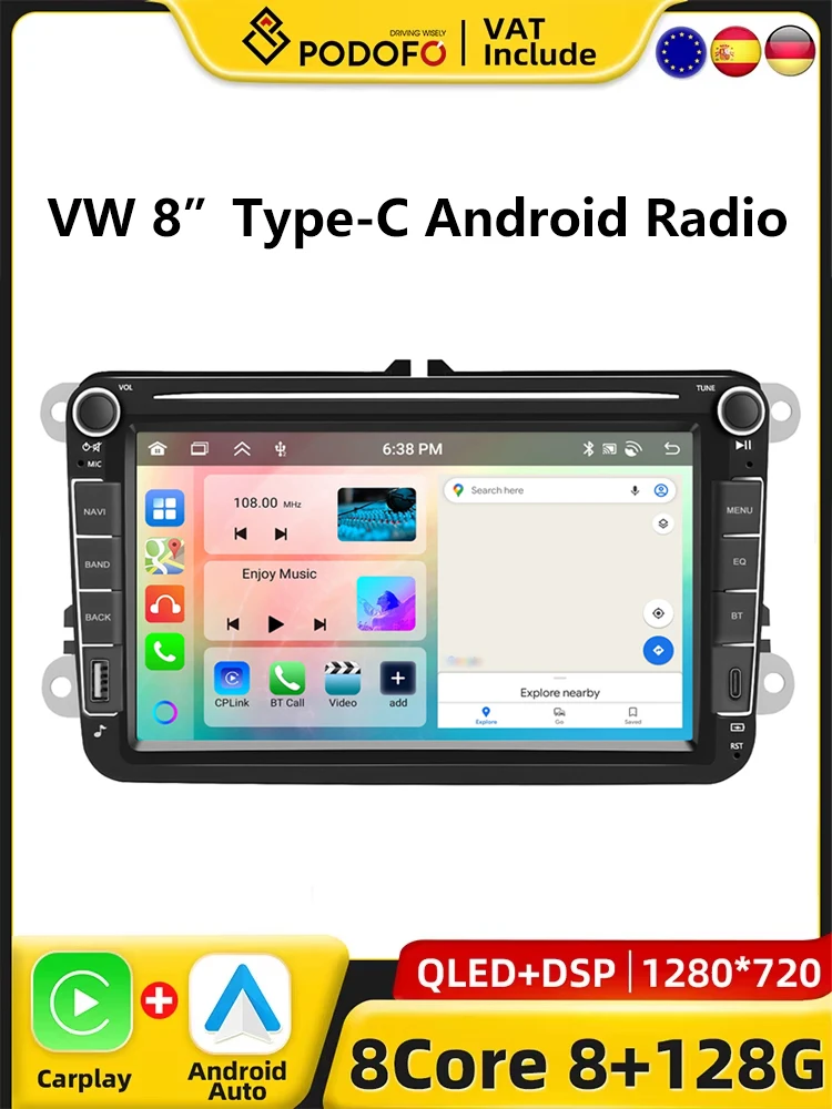Podofo 8 "CarPlay Android Radio Voor Volkswagen VW Golf Passat JETTA Skoda SEAT Auto Intelligent Systeem 2din GPS Stereo Type-C USB - afbeelding 2
