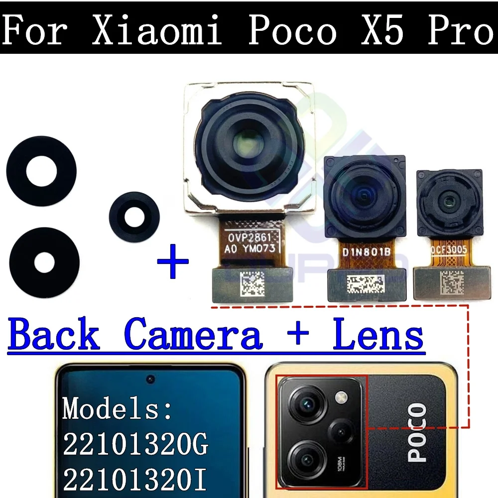 Back Camera Lens For Xiaomi Poco X5 Pro 22101320G, 22101320I Selfie Frontal Small Facing Wide Front Rear Camera Module Spare