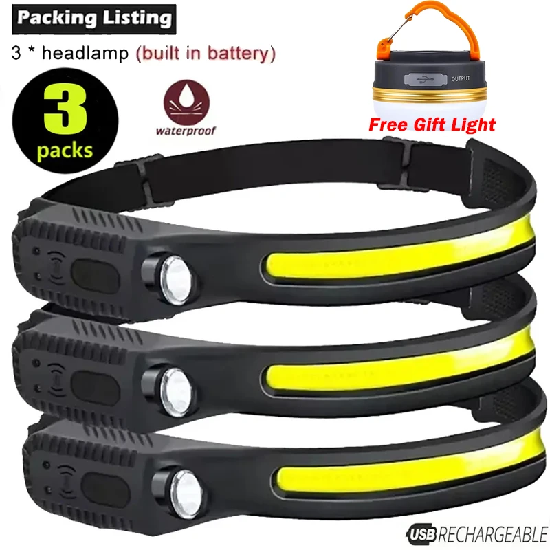 

COB светодиодный налобный фонарь, индукционный налобный фонарь, встроенная батарея, USB перезаряжаемый налобный фонарик, уличный датчик для кемпинга, рыбалки, фара