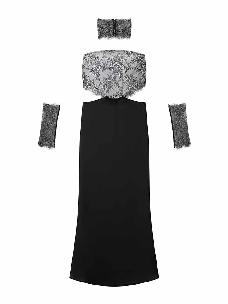 HH Frau Frühling Mode Trend Ärmellose Sexy Backless Spitze Spleißen Seide Satin Textur Rohr Top Kleid Weibliche Elegante Kleid