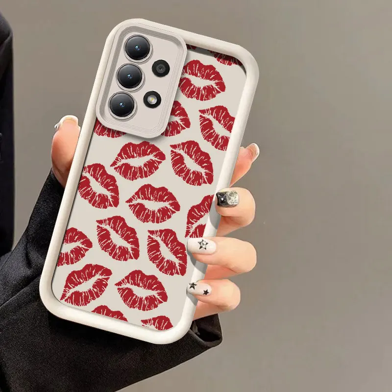 A55 Phone Case For Samsung Galaxy A55 A35 A34 A73 A53 A33 A52 A32 A71 A51 A31 A25 Black Red Lips Kiss Print Silicone Soft Cover