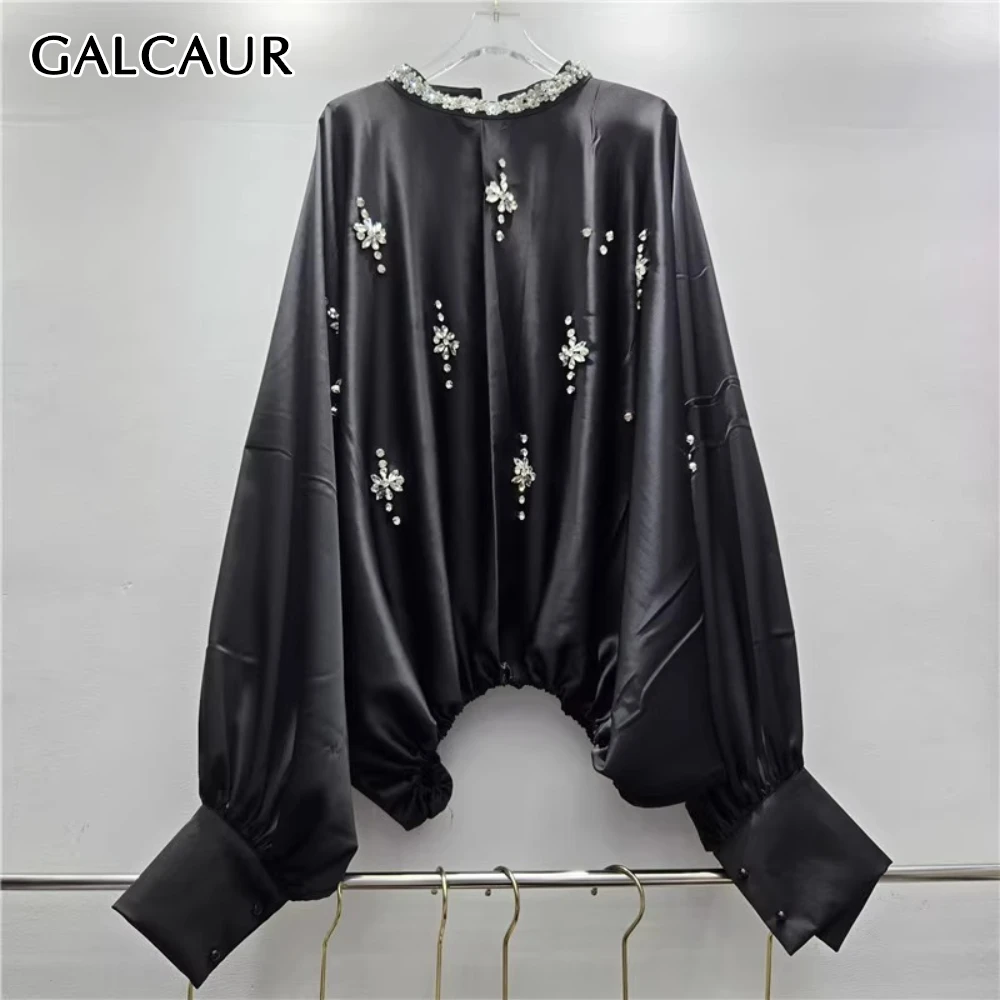 

GALCAUR однотонная рубашка с бриллиантами, женская рубашка с круглым вырезом и рукавами «летучая мышь», свободный дизайн, повседневные женские рубашки, осенняя мода, новый стиль