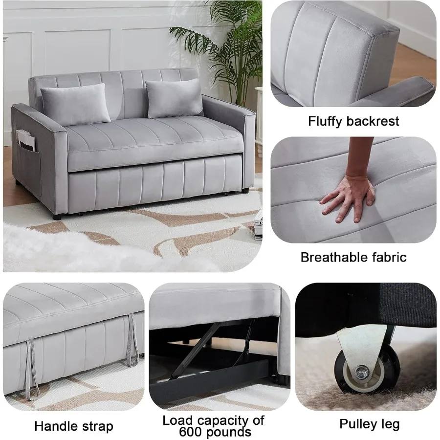 55.51 أريكة سرير قابلة للتحويل 3 في 1 أريكة نوم مع أريكة مخملية قابلة للسحب مع مسند ظهر قابل للتعديل وجيب جانبي 2 وسائد Mod