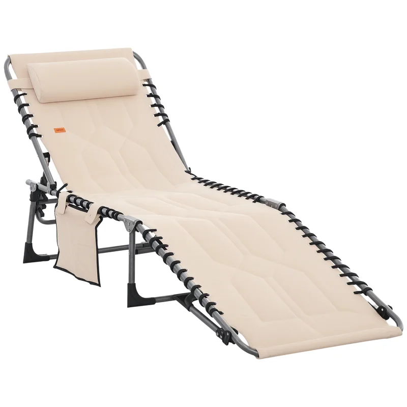 Outsunny Tumbona Plegable Acolchada, Silla Reclinable de 6 Niveles para Exteriores, Silla de Camping y Bronceado con Reposacabezas para Playa, Jardín, Patio, Piscina, Beige