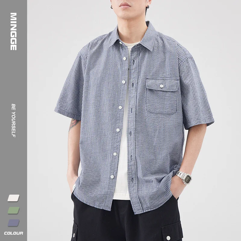 

Японский стиль, новая мода, винтажные мужские повседневные модные полосатые свободные рубашки с отложным воротником и короткими рукавами, мужские топы