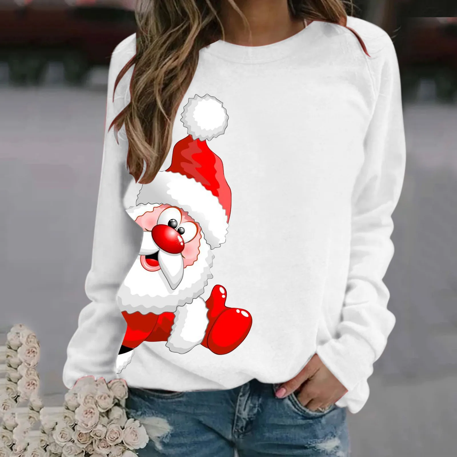 Print Santa Claus Women\'s Christmas Sweatshirts Top Long Sleeve Crew Neck Pullover Sweatshirt Merry Christmas Female Clothes