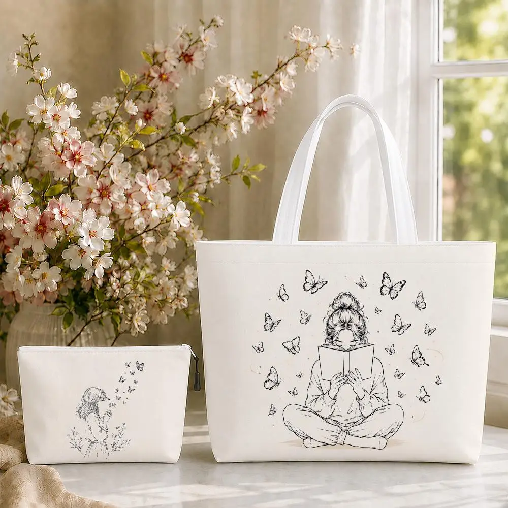 Cozy Reading Girls Storage Bags 2-Piece Zipper Canvas Tote Bag Set Large Capacity Reusable For Work School Shopping &Gift