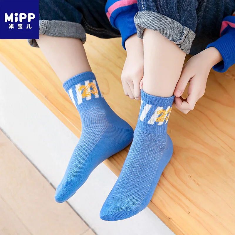 MIPP 5 Pair Pattern Pure Cotton Socks Trendy Mid Barrel Star Chart Summer White Blue Flat Breathable Boneless Socks Package