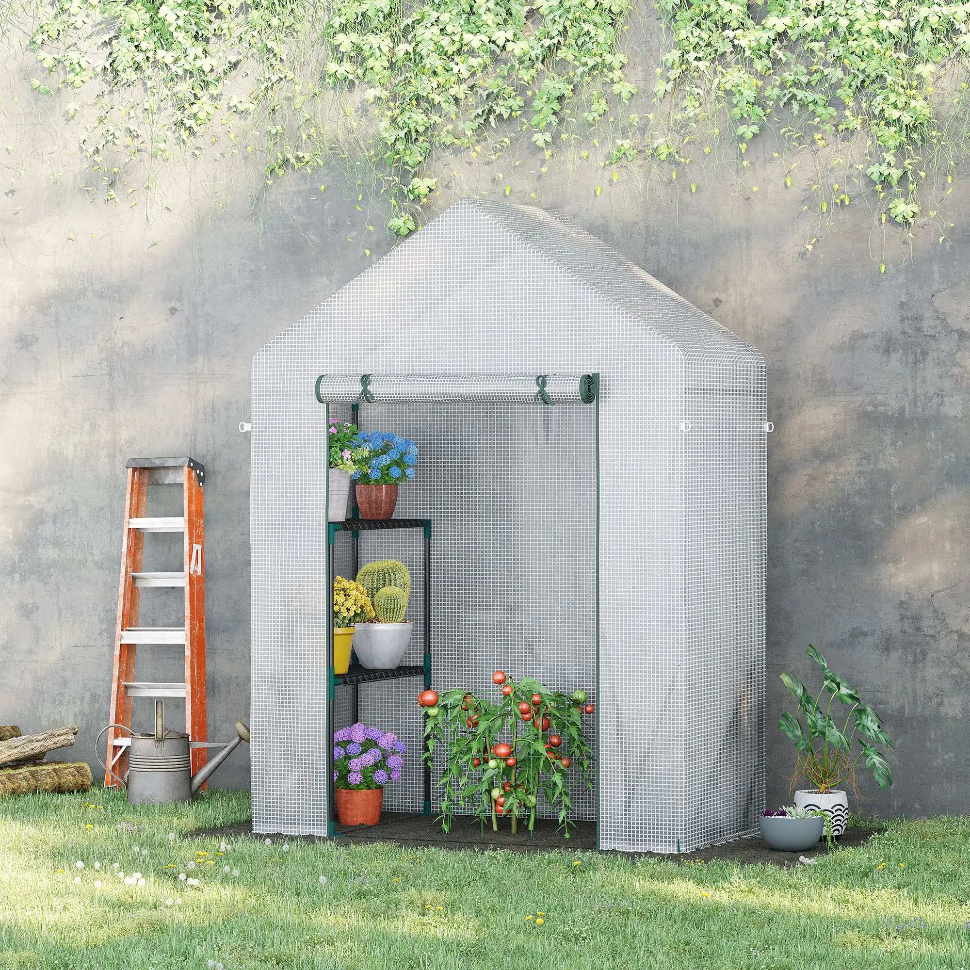 Outsunny Invernadero Jardín 143x73x195 cm Acero con 2 Estantes Puerta Enrollable