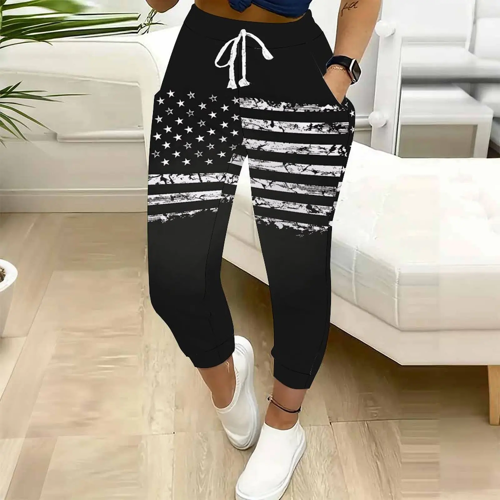 Autumn Winter Black and white star shape Joggers High Waist Drawstring Pocket Sweatpants Women's Daily Casual  Sport Pants
