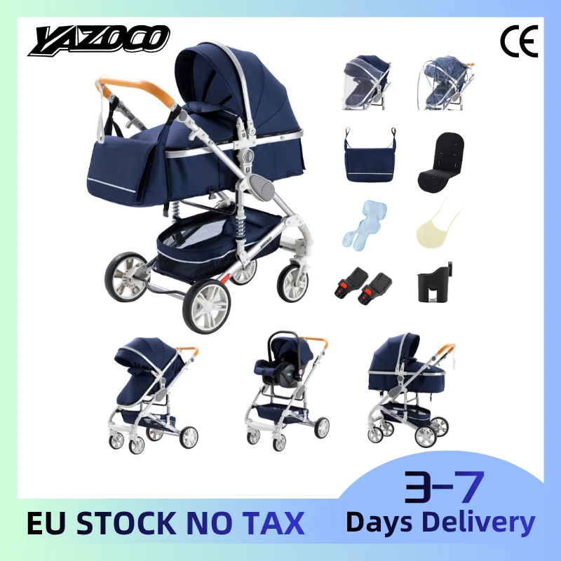 Nouvelle poussette bébé premium 3-en-1, poussette d'été respirante à position haute avec siège auto et nacelle, cadre en aluminium léger facile à plier