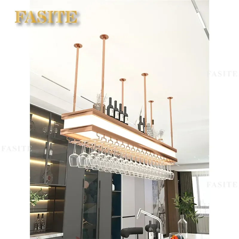 For Bar Counter Stainless Steel Wine Glass Rack Hanging Goblet Holder High End Luminous Display Cabinet Upside Down