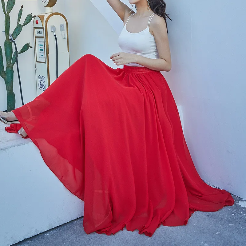 Falda larga de gasa de tres capas con vuelo amplio y corte en A para mujer, nueva colección primavera-verano, efecto adelgazante, estilo hada gitana, ideal para vacaciones y actuaciones de danza.