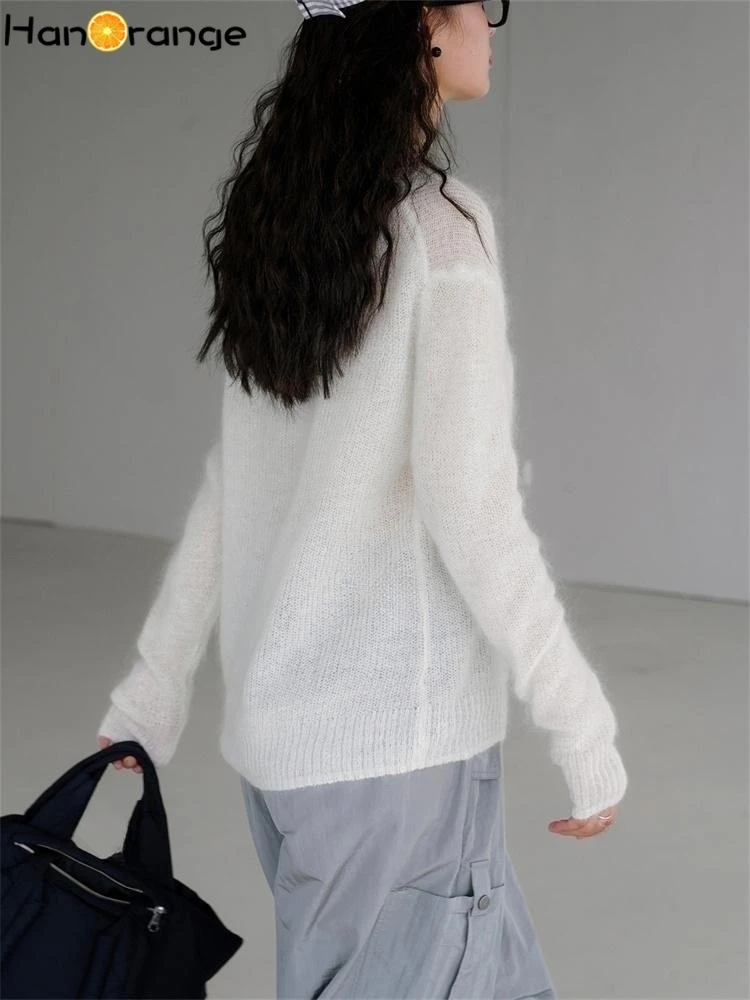 HanOrange 2024 Spring Lazy Misty Feeling Wool Sweater Women Loose Soft Glutinous Micro Perspective Knitted Top Female White/Blue