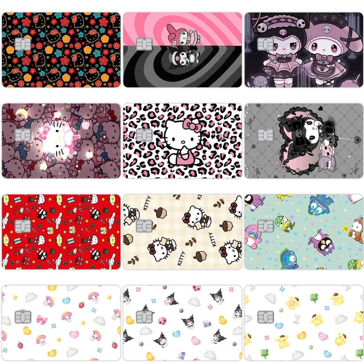 Dessin animé mignon Pochacco Kuromi Pom Pom Purin cannelle Anime imperméable peau Film autocollants crédit Bus Debt banque Visa carte couverture