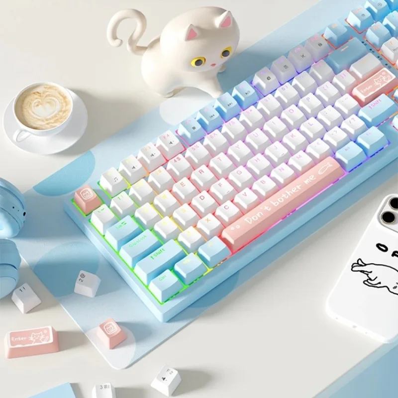 

ONIKUMA Bu Li Cat 98 Keys Wired Mechanical Keyboard Blue And Pink Color Scheme Mixed Light Backlit Keyboard For Girl