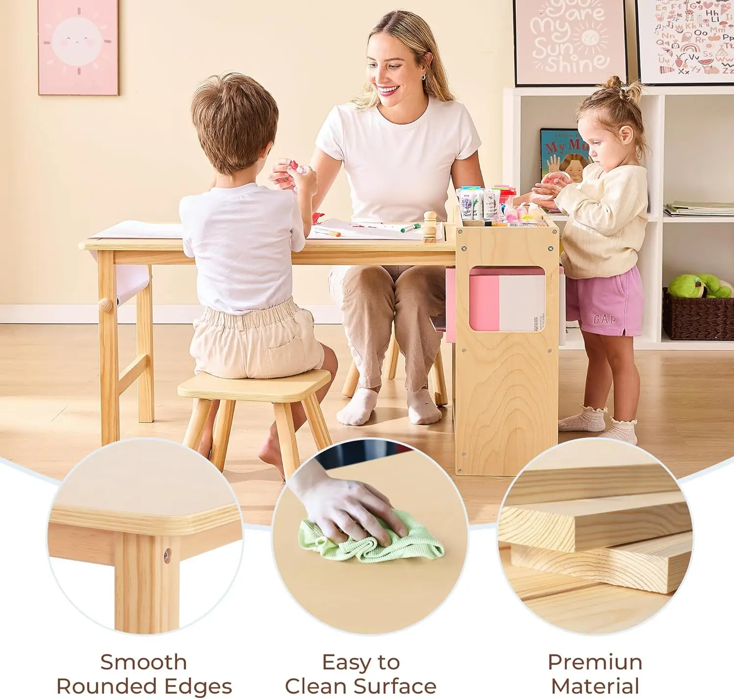 Kids Art Table and 2 Chairs with Roll Paper, Craft Table with Large Storage Shelves, Drawing Desk, Kids Activity Table and Study