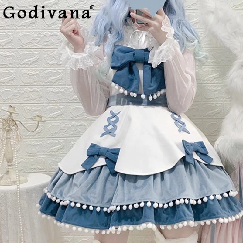 

Lolita Sweet Bow Lace-up Square Collar short Suspender Princess Dress 2025 girls New Autumn A-line High Waist Strap Cake Dresses